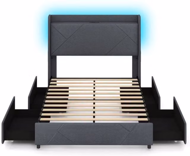 Struttura letto con luci LED letto imbottito con stazione di ricarica-Telaio letto matrimoniale 2 tasche di stoccaggio & 4 cassetti scorrevoli Grigio