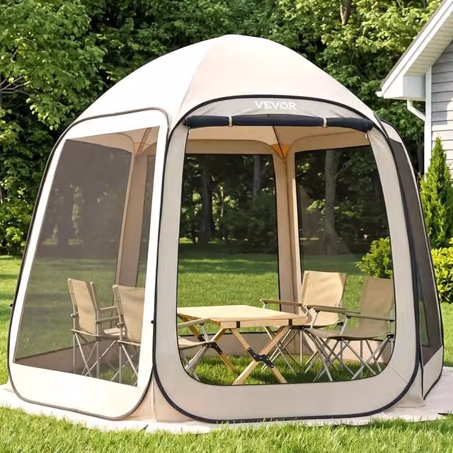 Tenda Gazebo da Campeggio Trasparente con Finestra 3030x2650x2300 mm per 4-8 Persone, Gazebo Esagonale con Lati in Rete e Borsa di Trasporto, Beige