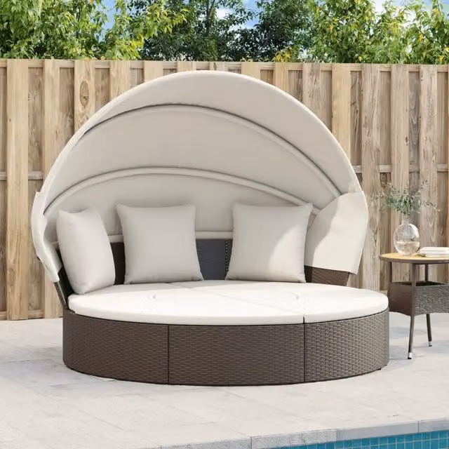 Lettino Prendisole Esterno Tetto e Cuscini Marrone Polyrattan 362253