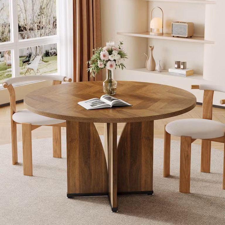 Tavolo rotondo da pranzo per 4 persone, diametro 100 cm, stile rustico, legno, colore marrone vintage