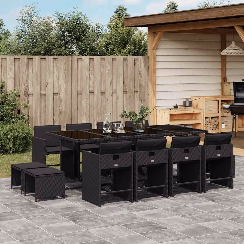 vidaXL Set da Pranzo da Giardino 13pz in Polyrattan Nero con Cuscini e Tavolo in Vetro – 1