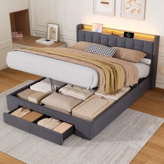 Desviae Letto matrimoniale imbottito 160 × 200 cm con contenitore, USB, LED, velluto, struttura in metallo grigio scuro