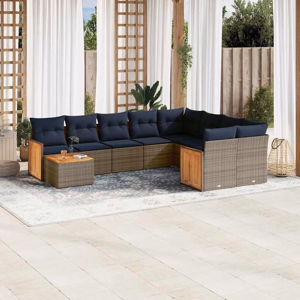 Set da giardino vidaXL in polyrattan grigio con 10 pezzi, composto da divani, elementi angolari, tavolino e cuscini imbottiti con coperture rimovibili