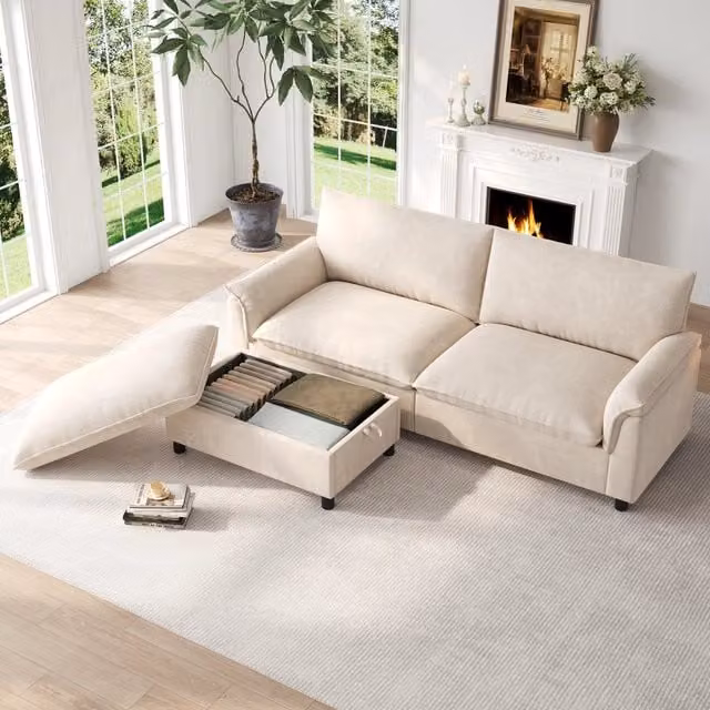 Divano letto MIVRAY in ciniglia beige con pouf contenitore mobile e cuscini sfoderabili L: 216 cm, P: 82 cm, H: 77 cm