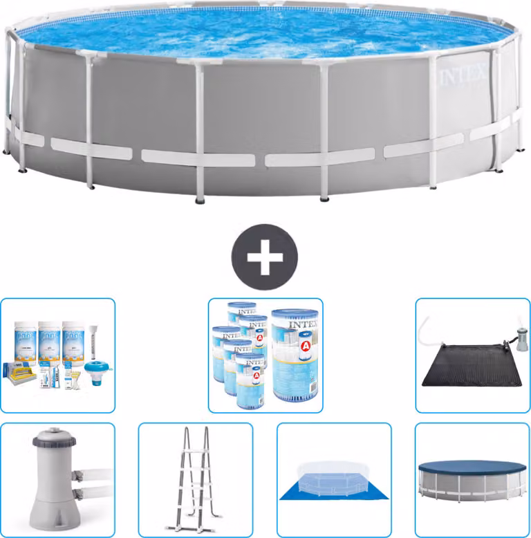 Piscina Intex Round Prism Frame - 457 x 122 cm - Grigio - inclusa pompa - scaletta - telo di fondo - pacchetto di manutenzione della copertura - filtro - tappetino solare