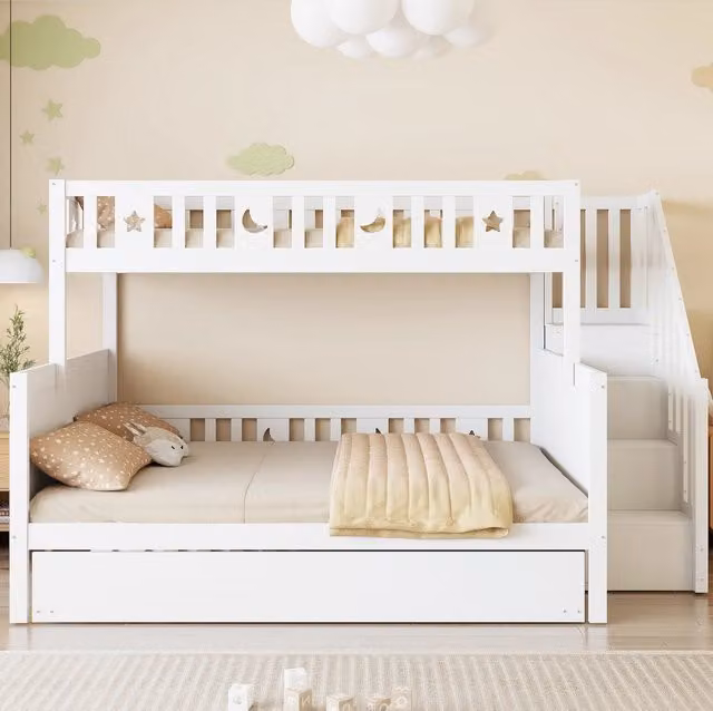 Letto a castello per bambini in legno massello con scala contenitore e letto estraibile; 90x200/140x200 cm; bianco