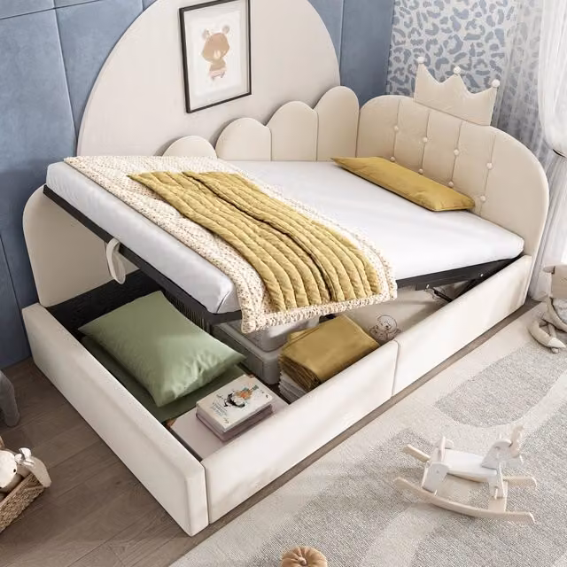 Letto Imbottito con Contenitore Idraulico ¨C MINIMAL ¨C Velluto Beige 90x200
