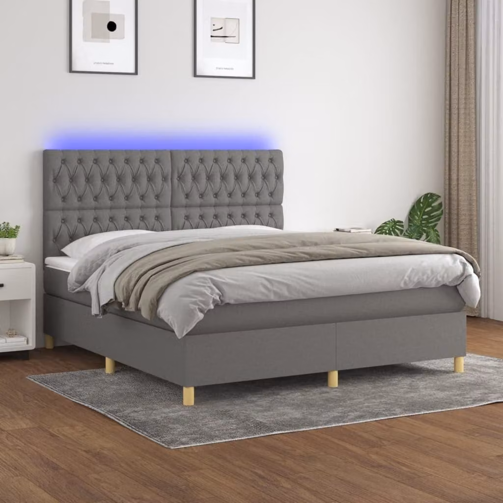 The Living Store Letto a molle con materasso e LED in tessuto grigio scuro 160x200 cm