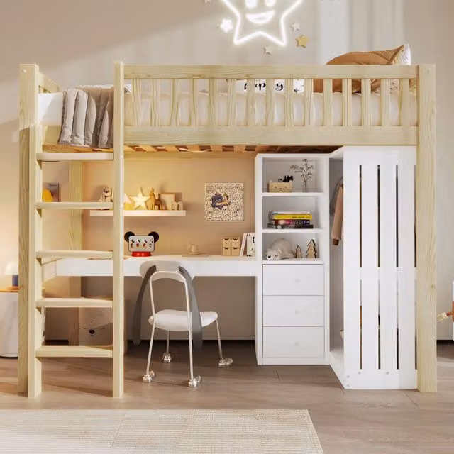 Letto a soppalco 90x200 con scrivania e armadio in pino e MDF; colore naturale