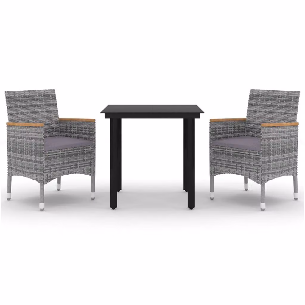 Set da Pranzo per Giardino 3 pz con Cuscini Polyrattan e Vetro