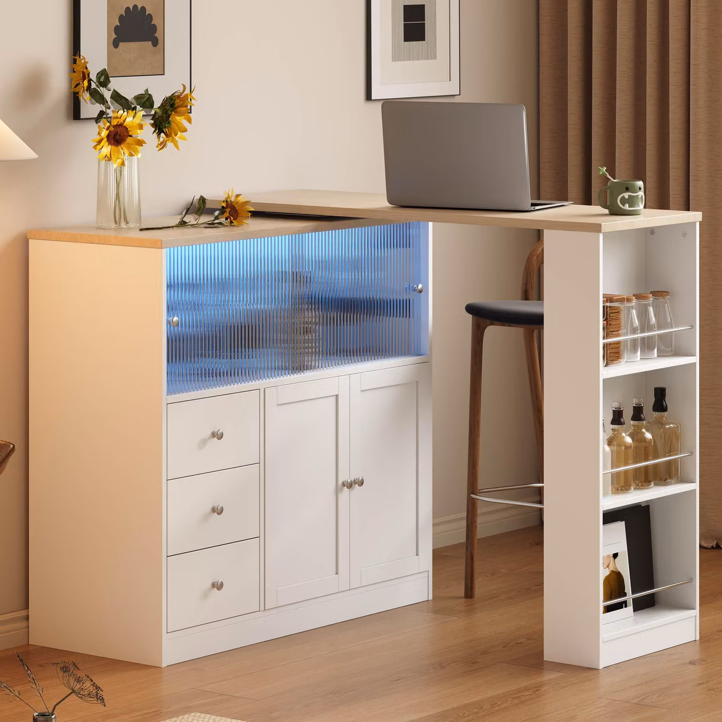 Isola da cucina Merax con piano girevole a 360°, bancone allungabile con 3 cassetti, tavolo da pranzo con ante scorrevoli in vetro, mobile contenitore a buffet con illuminazione RGB a LED, realizzato in MDF, colore bianco