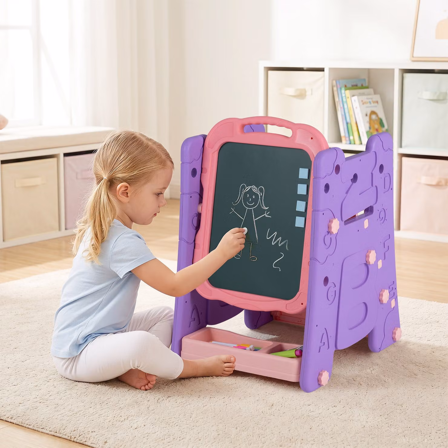 Cavalletto per bambini 3 in 1 Costway con lavagna bifacciale e libreria, regolabile in altezza, Rosa e Viola