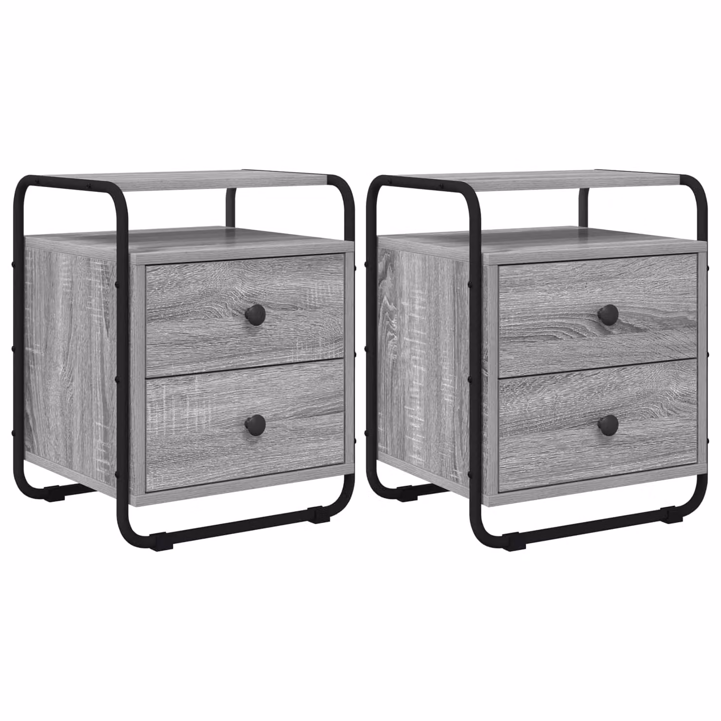 Set di 2 Armadi da Notte vidaXL in Legno Ingegnerizzato e Metallo, Colore Grigio e Nero, Stile Moderno