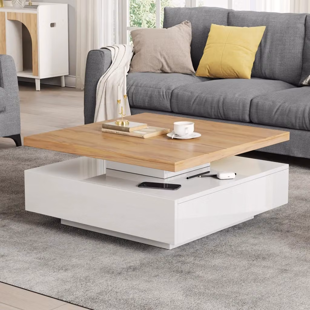 Tavolino basso MIVRAY girevole a 360 gradi con cassetto, design moderno in truciolare bianco e noce, L/P/H: 70 x 70 x 36 cm – 2