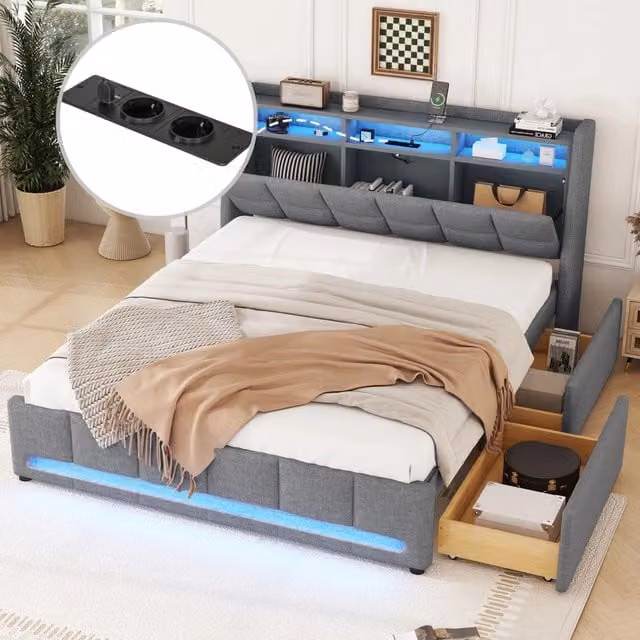 Letto imbottito in lino grigio 140x200 cm con luci LED, porta USB, vani in testiera e 2 cassetti laterali