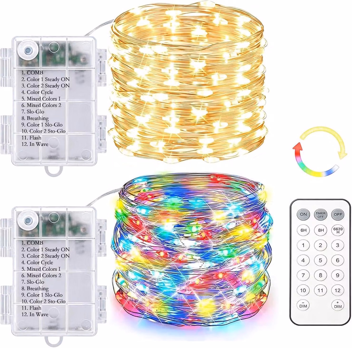 Catena luminosa da 5 metri - 2 pezzi, con 50 LED per catena - Alimentazione a batteria - Telecomando - Luce bianco caldo - Adatta per interni ed esterni