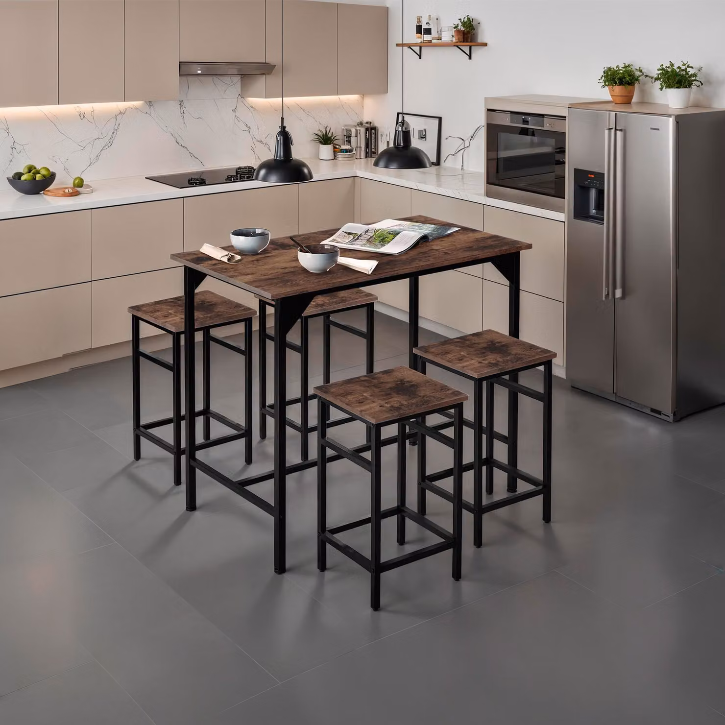 Set tavolo da bar e 5 sedie TecTake in stile industriale marrone con piano rettangolare in legno e struttura in metallo – 1