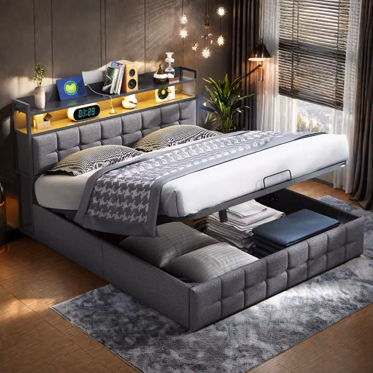Letto matrimoniale UnboxG 160 x 200 cm con illuminazione LED, connessione USB e Type-C - letto imbottito con contenitore, rivestimento in tessuto, grigio, testata con luce