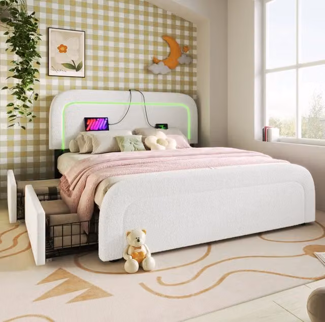 Letto matrimoniale imbottito Sherpa 160x200 cm con 4 cassetti, illuminazione LED e funzione di ricarica USB Tipo C, testiera regolabile in altezza, rete in legno e materasso incluso, colore bianco