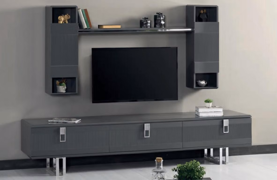 Set moderno per soggiorno con mobile TV basso e modulo a parete, composto da 2 elementi.
