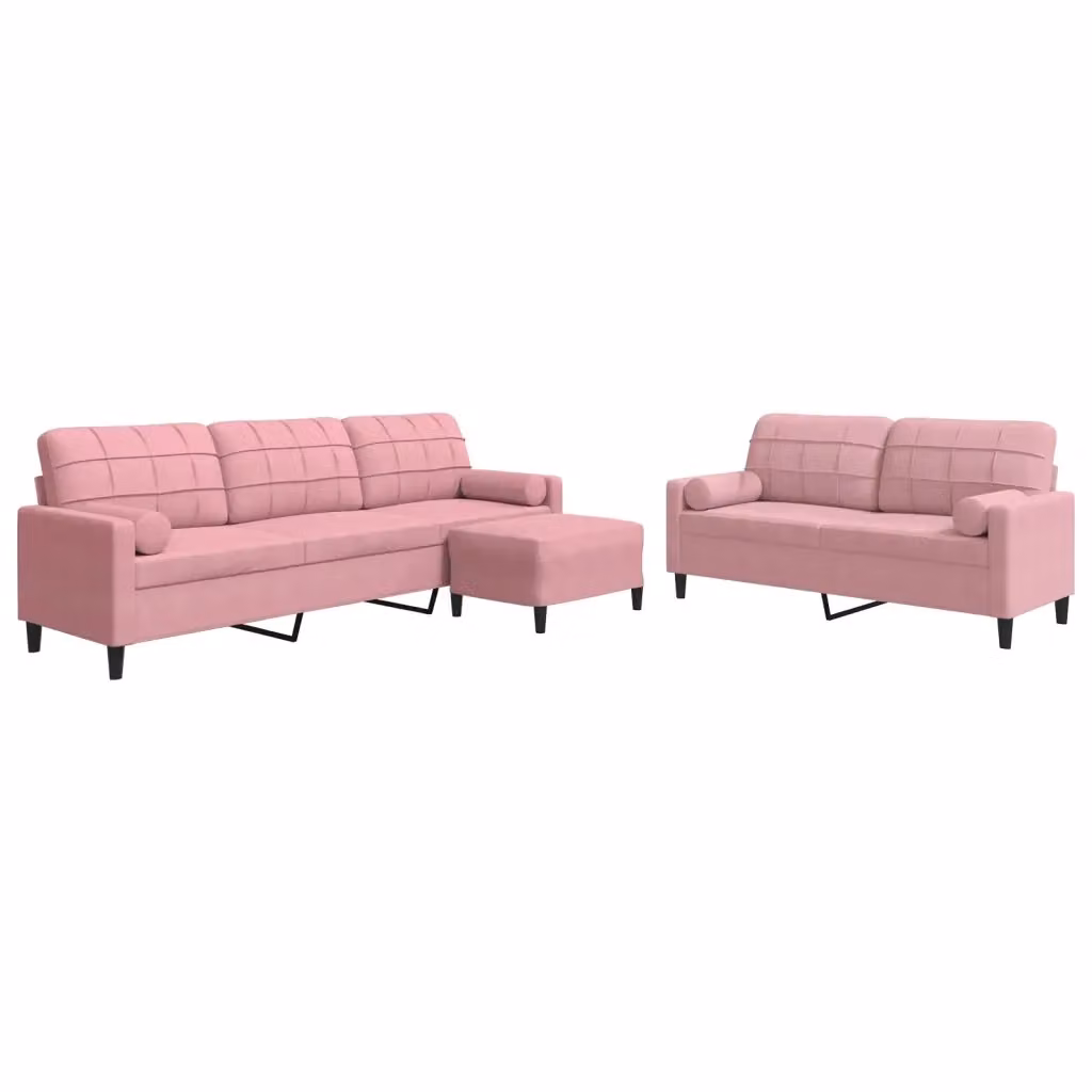 Set di divani moderno vidaXL in velluto rosa composto da divano a 3 posti, divano a 2 posti e pouf con cuscini e struttura in metallo – 2