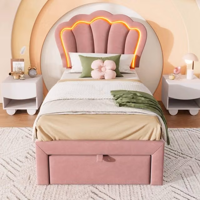 Letto Singolo REDOM in Velluto Rosa con LED, Cassetto e Struttura in Legno Massello, L/P/H: 90 x 200 x 117 cm