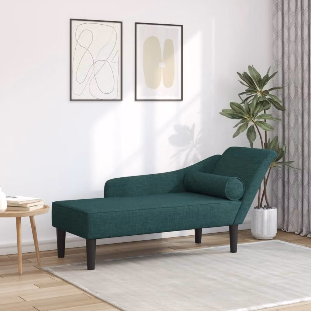 Chaise Longue vidaXL a forma a L con Cuscini, Tessuto Verde, Struttura in Legno Solido, L/P/H: 141 x 55,5 x 66,5 cm