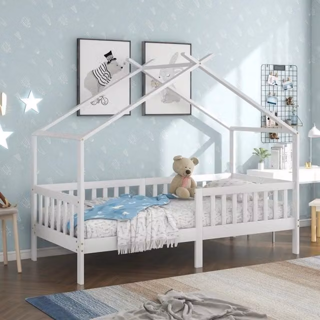 Letto singolo rialzato per bambini OKWISH in legno di pino bianco con struttura a casetta L/P/H: 205 x 90 x 165 cm