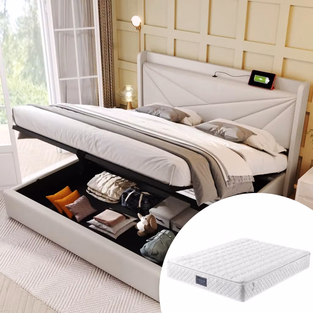 Letto contenitore Mivray con rete a doghe, testiera imbottita con porte USB e Type-C, tessuto in cotone e lino, colore beige, L/P/H: 140 x 200 x 107 cm – 2