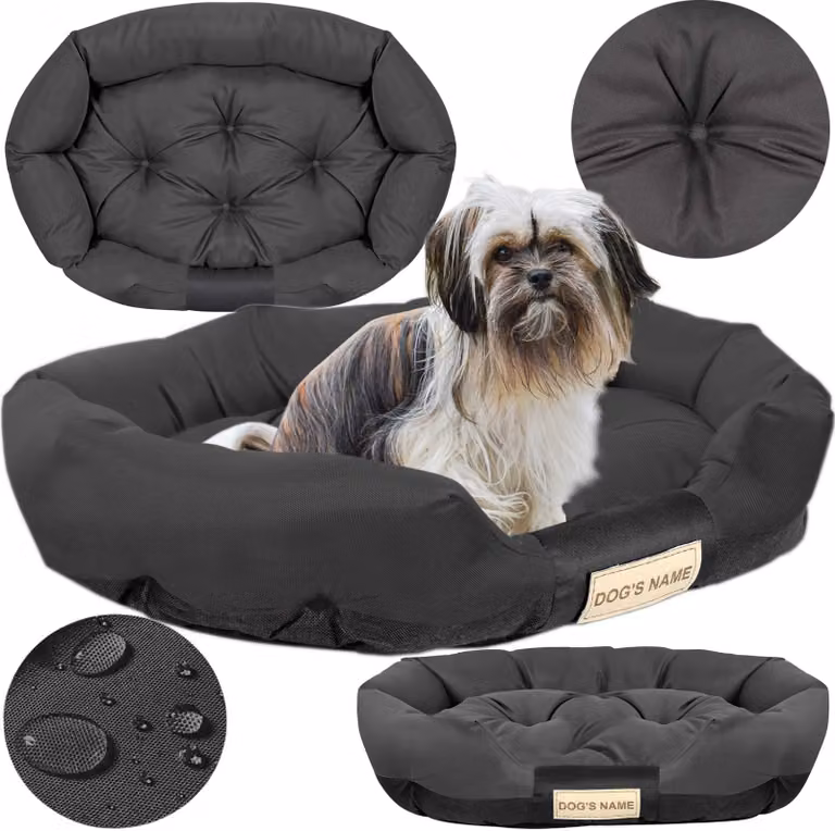 Cuccia per cani a forma di divano, 115 x 95 cm, spazio per il nome, lettiera, cuscini, divanetto, recinto, ovale, nero