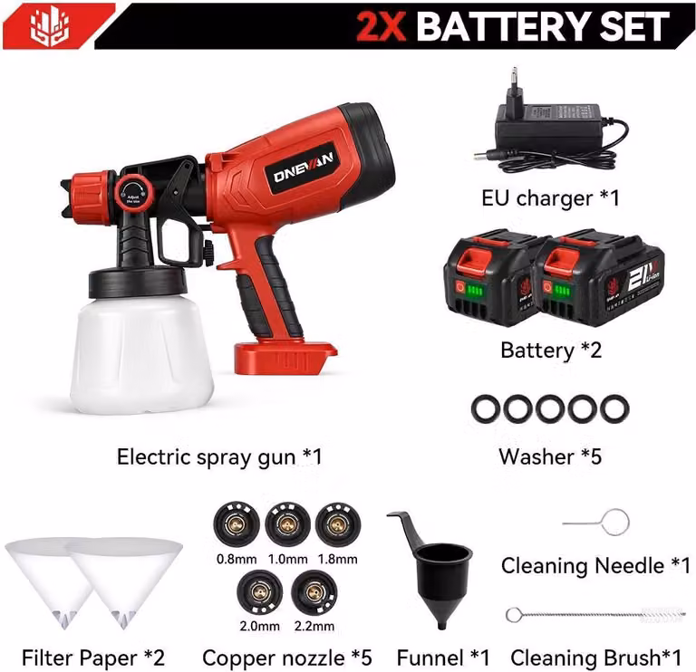 Spruzzatore per vernici - Pistola a spruzzo ad alta pressione manuale - 850 W - Serbatoio da 1400 ml - Senza fili, 2 batterie incluse - Compatibile con 18 V - Argento