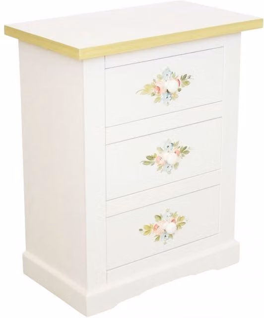 Comodino Mobili 2G in legno shabby chic bianco con decori floreali verdi L: 60 cm, P: 35 cm, H: 64 cm – 1