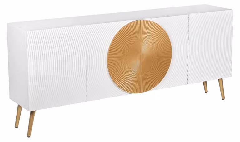 Credenza MIDORI, 177 cm – Massello di mango bianco e dorato – 4 ante