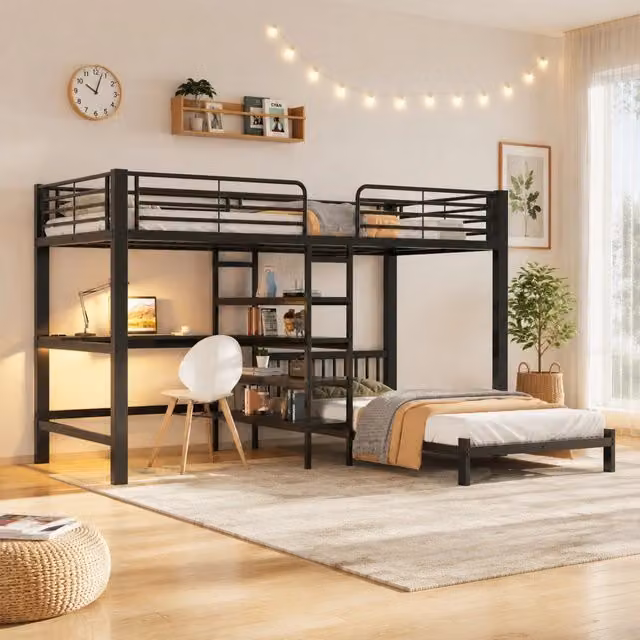 Letto a castello 90x200 cm con scrivania e vani portaoggetti in MDF e metallo nero