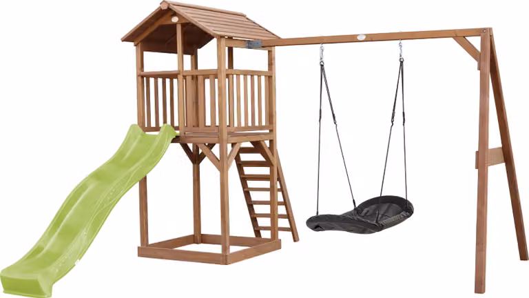 AXI Beach Tower parco giochi in legno in marrone | Torre di gioco per bambini con sabbiera, altalena a nido e scivolo verde lime| Casa per bambini su palafitte per il giardino