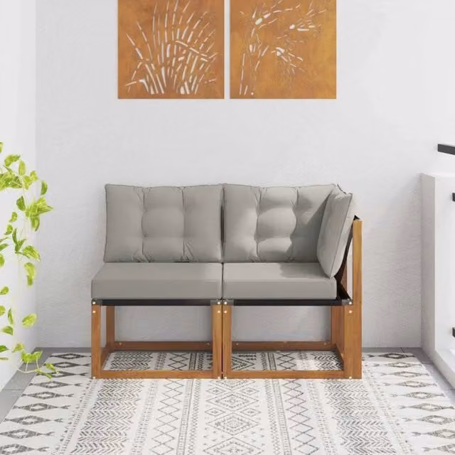 Set di 2 divani modulari da esterno angolari vidaXL in legno di acacia con cuscini beige e grigi
