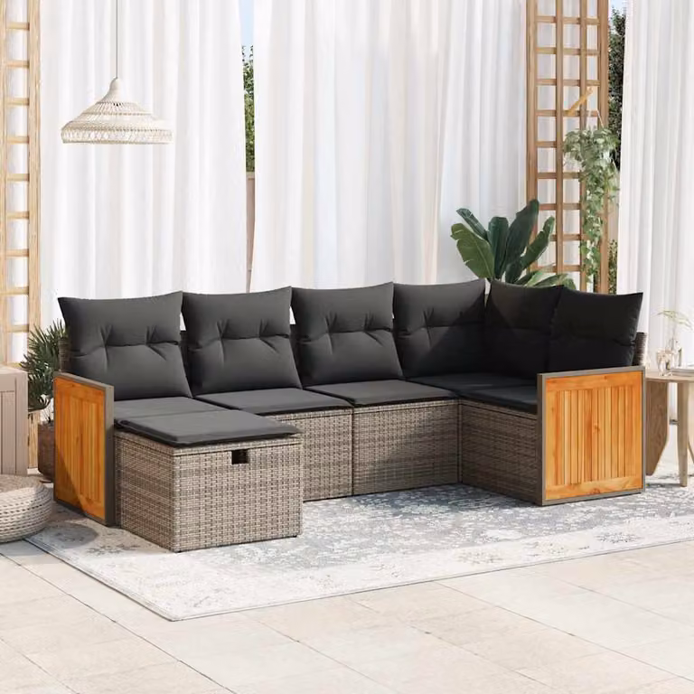 Set Divano da Giardino a L vidaXL in Polyrattan Grigio con 6 Pezzi e Cuscini Inclusi