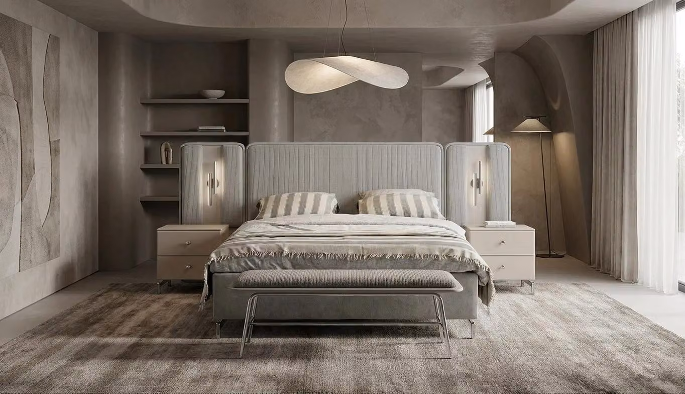 Due comodini, panca, camera da letto, stile moderno, grigio, confortevole, comodo