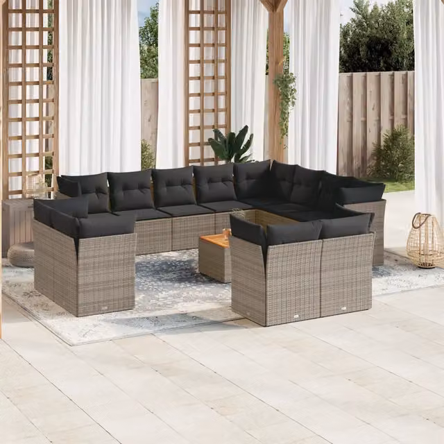 Set di Divani da Giardino vidaXL in Polyrattan Grigio con Cuscini e Tavolino da Esterno a Forma di L – 1