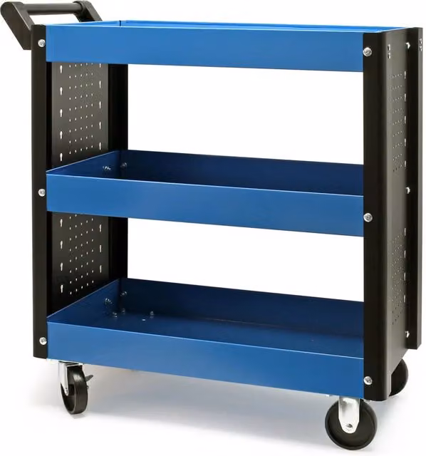 Carrello portautensili mobile con 3 ripiani e ruote in acciaio e plastica, disponibile in grigio o blu