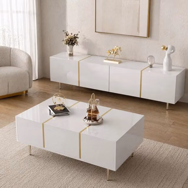 Set mobile TV e tavolino da salotto in MDF bianco lucido con dettagli oro