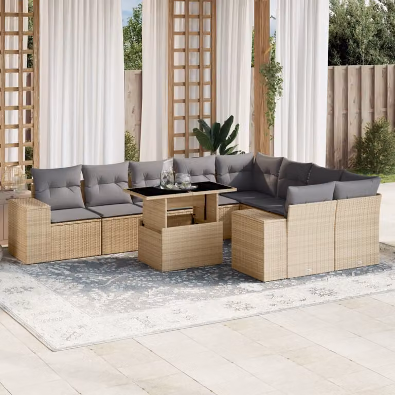 Set Divano da Giardino vidaXL 10 pz a Forma a L in Polyrattan con Cuscini Beige e Grigio