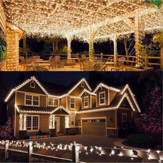 Ghirlanda luminosa a energia solare - 14 m - 120 LED - filo di rame - bianco caldo - impermeabile - 8 modalità - per Natale - giardino - balcone - festa - terrazza - decorazione