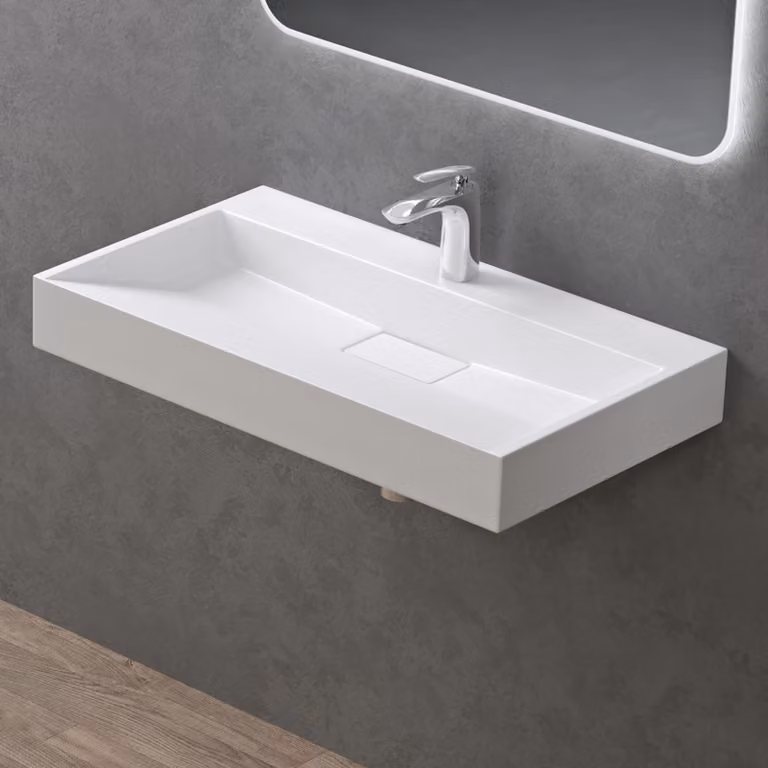 doporro Lavabo da Appoggio Bagno Sospeso Lavandino Rettangolare in Marmoresina con Piletta di Scarico Inclusa Colossum19, 80x46x11 cm Bianco Opaco Monoforo