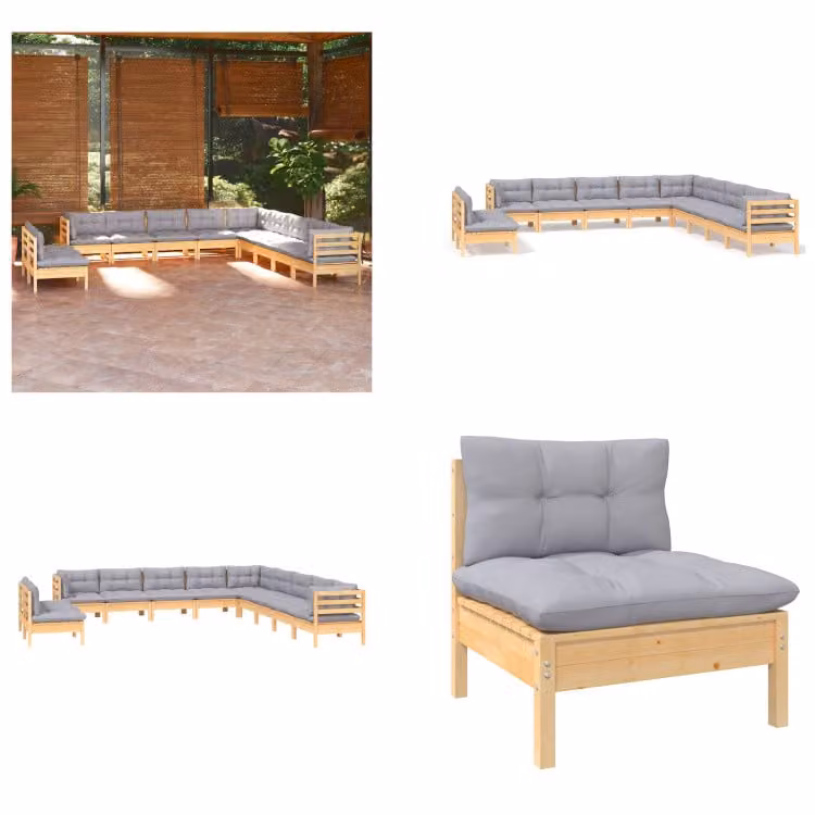 vidaXL set salotto da giardino 11 pezzi con cuscini grigi in pino massiccio - Set salotto da giardino - Set salotto da giardino - Set mobili da giardino - Set mobili da giardino