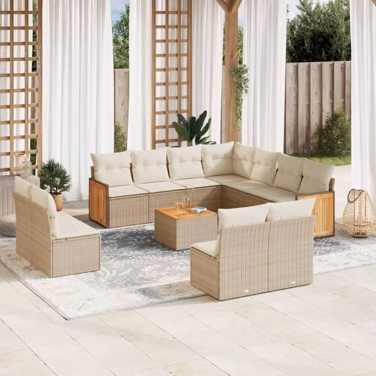 Set di divani da giardino vidaXL a forma di U composto da 12 pezzi in polyrattan con cuscini beige e tavolino da caffè per esterno