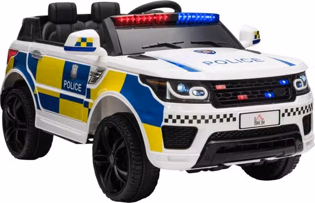 Macchina Elettrica per Bambini della Polizia, 12V Auto Elettrica per Bambini con Telecomando, Sirena Luci Attacco USB per Musica, 110x68x52cm, Bianco