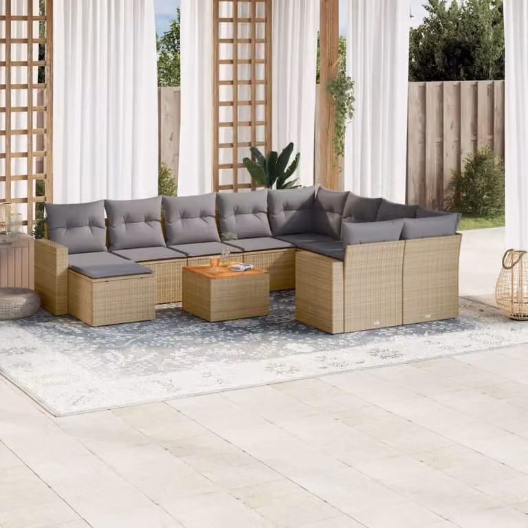 vidaXL Set Divani da Giardino 11 pz in Polyrattan Beige con Cuscini e Tavolino da Esterno