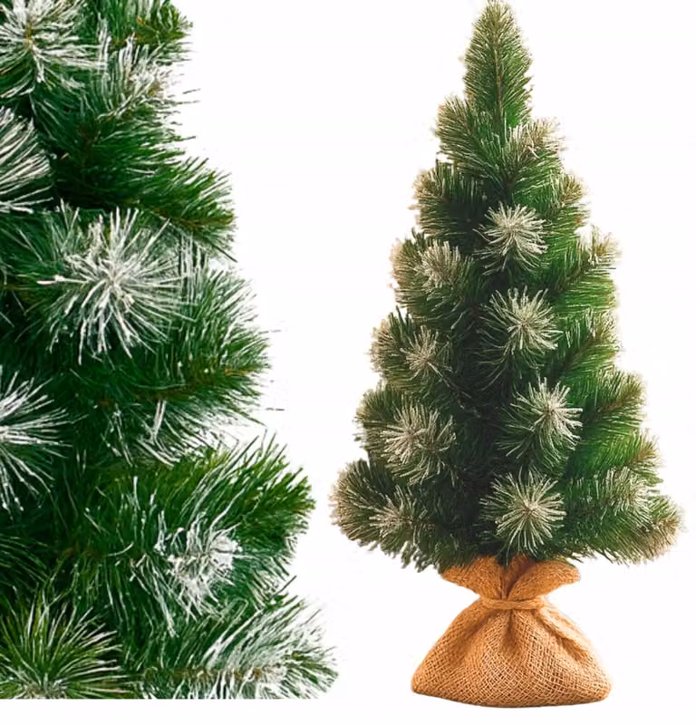 Piccolo albero di Natale artificiale, 65 cm, molto fitto, ricoperto di neve, su una base di juta