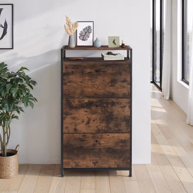 Scarpiera in stile industriale tectake con ante a ribalta, colore marrone e nero, L: 61 cm, P: 32 cm, H: 130 cm